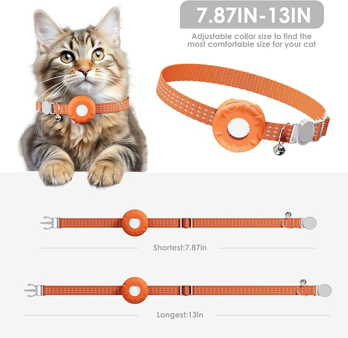 Cat Tracker, Pet Tracker for Cats, Cat GPS Tracker Collar with Safety Elastic Buckle, GPS Tracker Compatible with Apple Find My App (Only iOS), No Monthly Fee, Waterproof, Orange