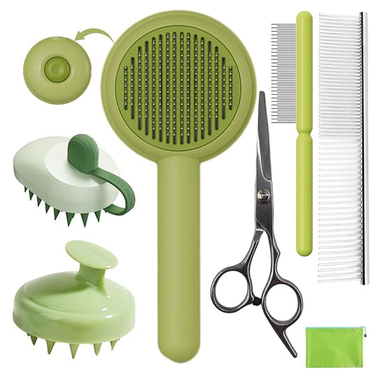 Dog Grooming Brush Set, 7 PCS Dog Slicker Deshedding Hair Brushes for Short Long Haired Dogs Cats, Dog Scrubber Shower Wash Brush, Dematting Comb, Scissor, Green