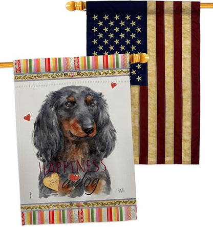 Breeze Decor Blue Long Hair Dachshund Happiness House Flag-Pack Dog Puppy Spoiled Paw Canine Fur Pet Nature Farm Animal Creature Vintage Applique Garden Yard Gift Double-Sided, Made in USA