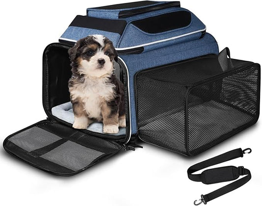 Petskd Top and Side Expandable Pet Carrier 18x11x11 Inches Delta United Airline Approved, Soft-Sided Carrier for Small Cats and Dogs with Locking Safety Zippers and Anti-Scratch Mesh(Blue)