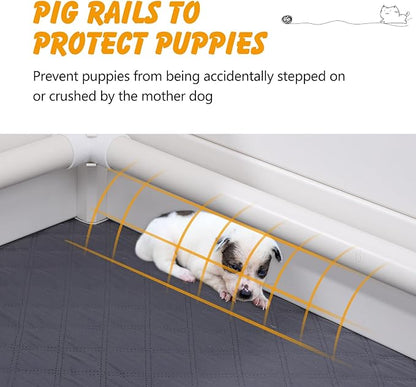 Whelping Box for Dogs and Puppies with Pig Rails and Waterproof Whelping Pad, 60×60×24in Puppies Playpen with Adjustable Height Door ID Collars for Medium Small Dogs