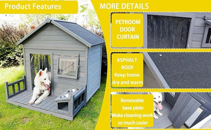 Outdoor Large Dogs House with Spacious Terrace,Open Waterproof Asphalt Roof Dog Kennel W/Breathable Window & 2 Feeding Stainless Bowls,Removable Floor Dog Cage for Large Dogs,Gray