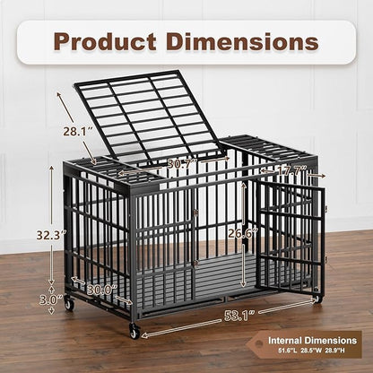 54 Inch Heavy Duty Dog Crate with Wheels，Indestructible Escape-Proof Dog Cage for Large Dogs, Extra Large XL XXL Indestructible Dog Crate with Removable Tray.