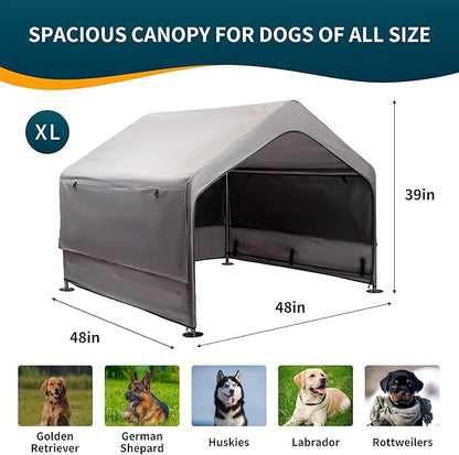 Extra Large Dog House Outdoor with Three-Sided Breathable Mesh Windows, Dog Tent Outside Doghouse Canopy with Ground Stakes, Sun Rain Cover for Cat Goat Livestock Pet, 4'x 4'x 3.3', Gray