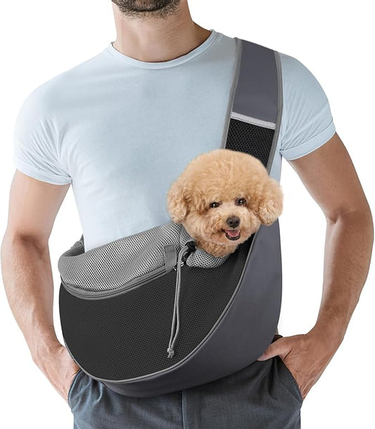 Pawaboo Pet Dog Sling Carrier, Hand Free Drawstring Dog Papoose with Adjustable Strap, Breathable Mesh Bag for Puppy Cat, Crossbody Satchel Dog Purse with Pocket for Outdoor, Dark Gray+Black, Medium