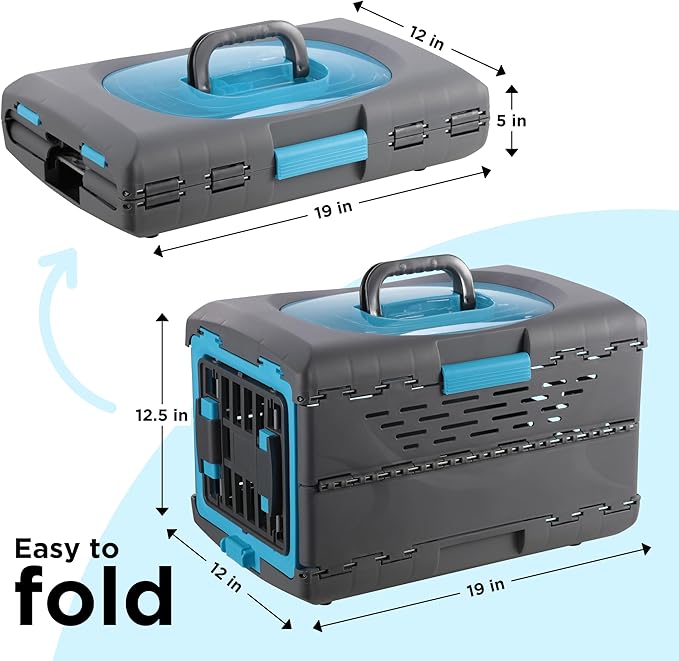 Pet Genius Collapsible Pet Crate, Ultra-Lightweight Portable Kennel with Dual Hinge Door, Folds to 5 Inches, Weighs 4.5lbs, Multiple Vents and Windows for Home and On The Go, 19x12x12.5, Blue