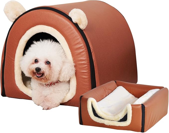 Dog Bed or Cat Bed,2 Ways to Use,Indoor Pet House with Fluffy Mat,Removable and Washable Cover,Splash-Proof House and Non-Slip Bottom,for Medium Dogs and Cats(L Brown Faux Leather)