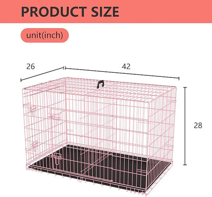 FDW XL Dog Crate Dog Kennel Cage with Double Door,42 inch Folding Metal Wire Dog Cage with Removable Tray&Divider Panel,Pet Crate for Medium Large Dogs,Pink