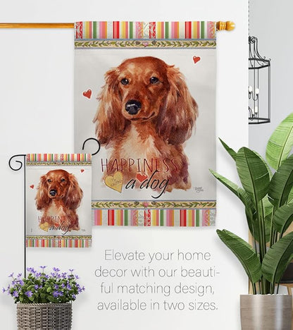 Breeze Decor Long Hair Dachshund Happiness House Flag Pack Dog Puppy Spoiled Paw Canine Fur Pet Nature Farm Animal Creature Support Our Troops Banner Small Garden Yard Gift Double-Sided, Made in USA