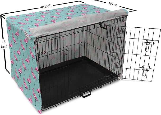 Lunarable Turquoise Dog Crate Cover, Repetitive Pink Flamingos on Wavy Water Background Vivid Colors Graphic, Easy to Use Pet Kennel Cover for Medium Large Dogs, 48 Inch, Pink Seafoam