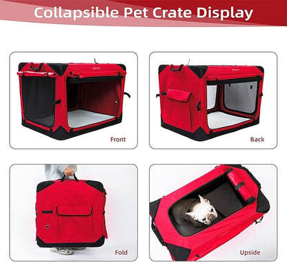 Pettycare 26 Inch Collapsible Dog Crate with Curtains Travel Dog Crate for Airflow and Calm Soft Pet Kennel with Portable Bag and More Chew Proof Mesh Indoor & Outdoor Red 4 Door Curtains