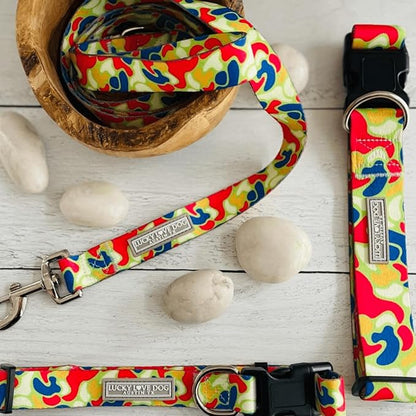 Lucky Love Dog Wide Dog Collar - Adjustable, Durable, Soft Webbing, & Comfortable 1.5 inch Wide Collar for Dogs Male and Female - in Oscar Pattern with Strong Buckle, Large Size
