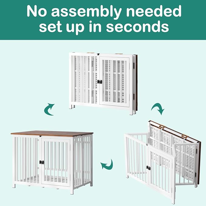 Heavy Duty Dog Crate Furniture, Fully Assembled exc. Locks, All Metal Frame & Wooden Tabletop, Modern Kennel for Small Dog, End Table, Sturdy, Foldable, White/Rustic Brown