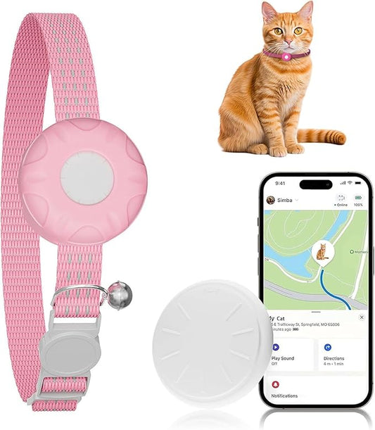 Cat Tracker, Pet Tracker for Cats, Cat GPS Tracker Collar with Safety Elastic Buckle, GPS Tracker Compatible with Apple Find My App (Only iOS), No Monthly Fee, Waterproof, Pink