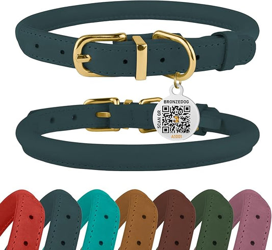 BRONZEDOG Rolled Leather Dog Collar with QR ID Tag Adjustable Soft Round Collars for Small Medium Large Dogs Puppy Cat (11" - 14 1/2" Neck Size, Denim)
