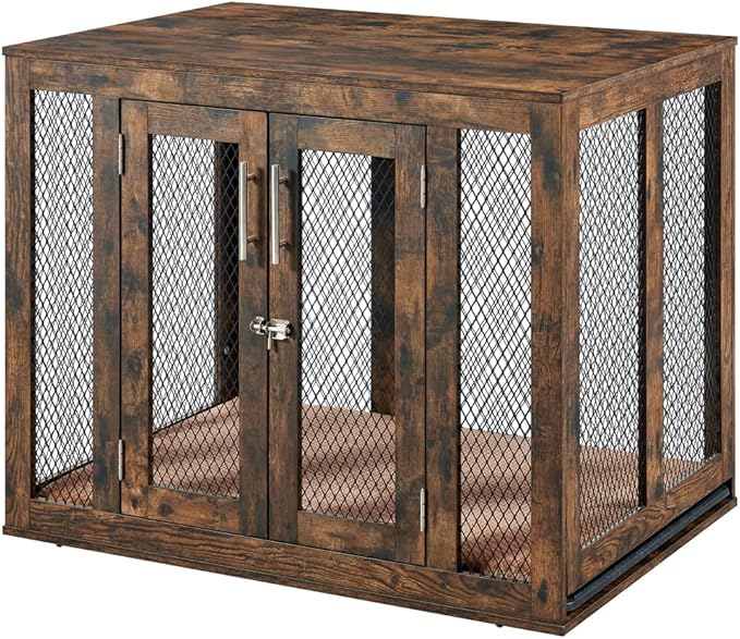 unipaws Large Dog Crate Furniture with Tray 38 inch, Wooden Kennel Pet House Dog Cage with Door, Modern Decorative Dog Crate End Side Table Nightstand, Rustic