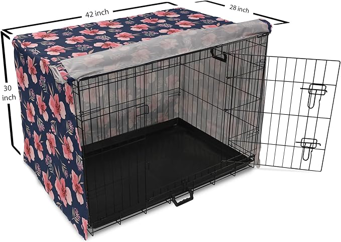 Ambesonne Watercolor Dog Crate Cover, Nature Inspired Composition with Pink Garden Flora Vintage Petals, Easy to Use Pet Kennel Cover for Medium Large Dogs, 42 Inch, Navy Blue Coral