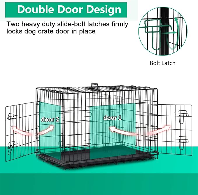 FDW XL Dog Crate Dog Kennel Cage with Double Door,42 inch Folding Metal Wire Dog Cage with Removable Tray&Divider Panel,Pet Crate for Medium Large Dogs,Black