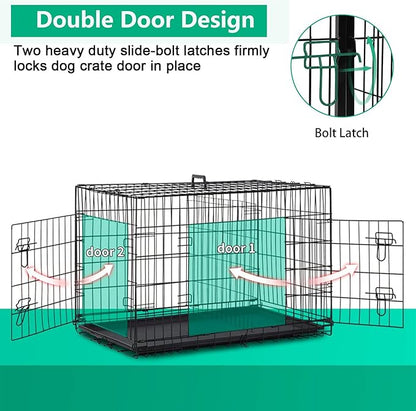 FDW XL Dog Crate Dog Kennel Cage with Double Door,42 inch Folding Metal Wire Dog Cage with Removable Tray&Divider Panel,Pet Crate for Medium Large Dogs,Black