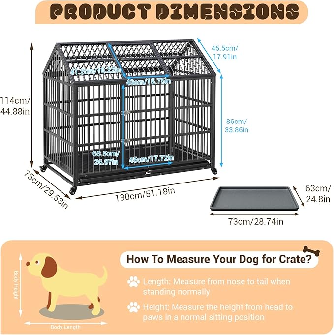 Heavy Duty Dog Crate, 52 Inch Dog Crate with Double Door, 360° Lockable Wheels and Removable Tray, Easy to Assembly，Indoor Dog Cage for Small Medium Large Dogs