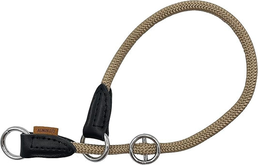Braided Collar, Pro Training Dog Collar, No Pull Round Collar, Slip Collar with Slidable Stop Ring - Ideal for Small Medium Dogs (M- (1/3") - 18" Long, Khaki)