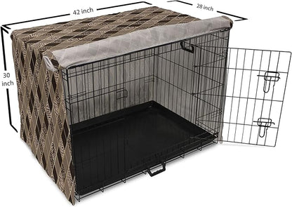 Lunarable Contemporary Brown Dog Crate Cover, Rhomb Check Pattern with Animal Skins, Easy to Use Pet Kennel Cover for Medium Large Dogs, 42 Inch, Umber Dark Brown