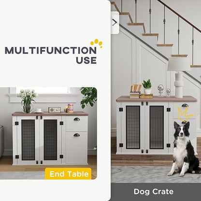 PawHut 44" Dog Crate End Table, Double Door Kennel With Storage Drawer, Indoor Furniture Style Cage for Medium Dogs, White