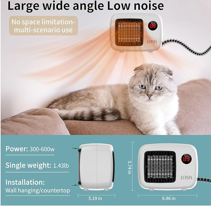 Thermostatic Dog House Heater with Anti-Bite Wires, Wall-Mounted Pet Heater with 2 Wind Speed Modes (300W/600W), Suitable for Pet House Stoves for Dogs Cats Chickens Hamsters