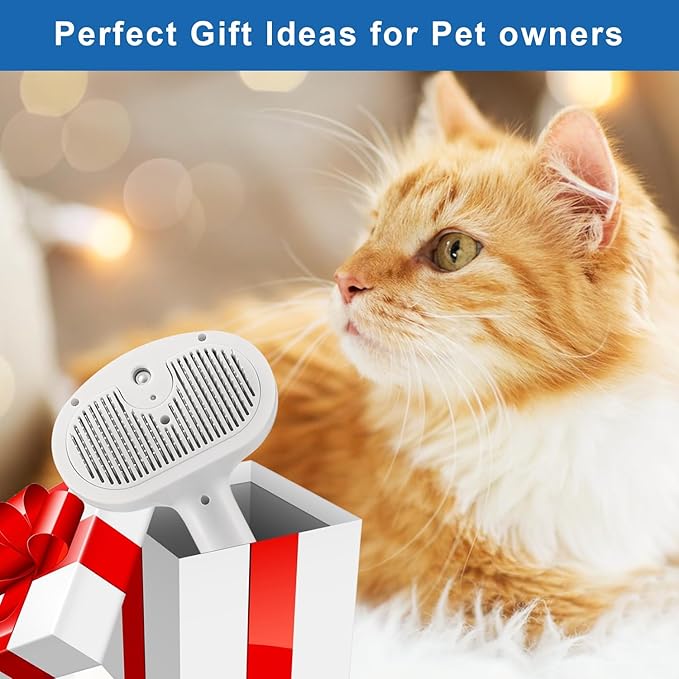 Pet Steam Hair Comb Brush for Shedding, 4 In 1 Spray Brush for Long & Short Haired Cat&Dog, Self-Cleaning Hair Remover with Water Tank And LED Blue Light, Release Button (White)