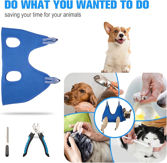 10 in 1 Dog Pet Grooming Hammock Harness with Nail Clippers/Trimmer, Nail File,Dog Nail Hammock, Dog Grooming Sling for Nail Trimming/Clipping (XXXL/Under 130lb, Blue)