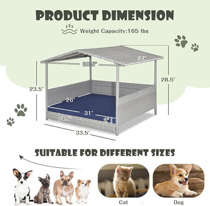 Giantex Wicker Dog House, Raised Rattan Dog Bed with Waterproof Roof, Washable Cushion Cover, Steel Frame, Indoor Outdoor Elevated Dog Bed Pet House for Small Medium Dogs Cats, Easy Assembly