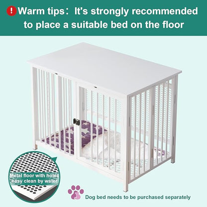 Heavy Duty Dog Crate Furniture, Fully Assembled exc. Locks, All Metal Frame & Wooden Tabletop, Modern Kennel for Small/Medium Dog, End Table, Sturdy, Foldable, White