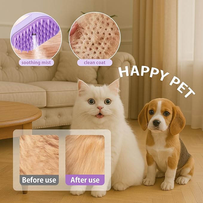 Pet Steam Brush for Dog Cat, 3-in-1 Cat Steam Brush for Shedding Grooming/Massage/Cleaning, Static-Free Deshedding Comb with Nano Spray, 360° Rotating Handle, Rubber Teeth & Portable Design (Purple)
