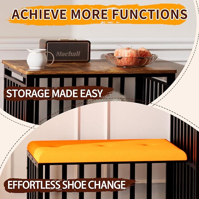 Shoe Bench Dog Crate with Storage Chew-Proof Steel-Tube Dog Cage, Indoor Pet Crate End Table for Small Dogs