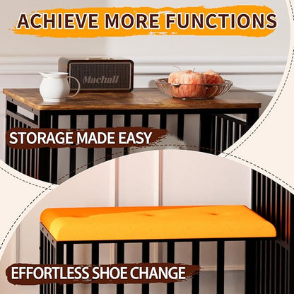 Shoe Bench Dog Crate with Storage Chew-Proof Steel-Tube Dog Cage, Indoor Pet Crate End Table for Small Dogs