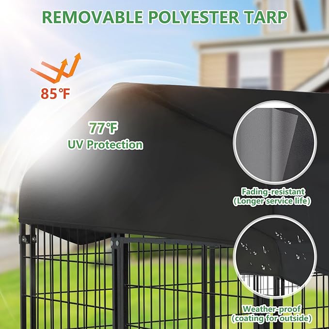 Dog Kennel Outdoor, Large Outside Dog Kennel with Rotating Feeding Door Outdoor Kennel with Roof, Dog Enclosures for Outside Metal Dog House with Cover Outside Dog Crate for Dogs, Rabbits, 2 Pack