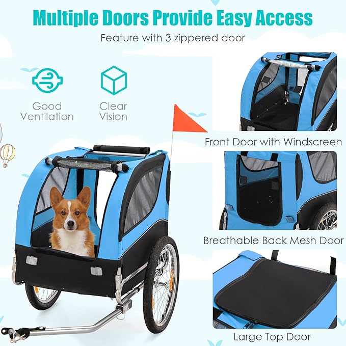 PETSITE Dog Bike Trailer, Dog Cart for Bicycle with 3 Breathable Mesh Entrances, Safety Flage, Easy Folding Pet Carrier with Quick Release Wheels, Pet Bike Trailer for Small & Medium Sized Dogs