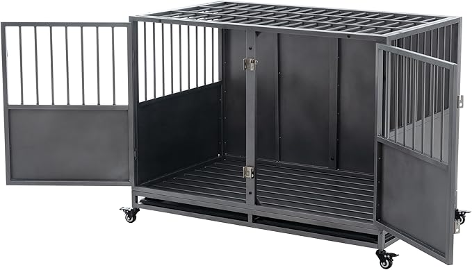48 Inch Heavy-Duty Dog Crate with Double Door Wheels Carbon Steel Escape Dog Cage for Small Medium Large Dogs Silver One Size