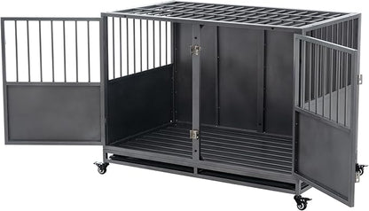 48 Inch Heavy-Duty Dog Crate with Double Door Wheels Carbon Steel Escape Dog Cage for Small Medium Large Dogs Silver One Size