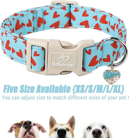 Valentine's Day Dog Collar - Cute Blue Valentines Dog Collar Girl Boy Durable Adjustable Red Heart Pattern Charm Dog Collars for Small Medium Large Dogs XS