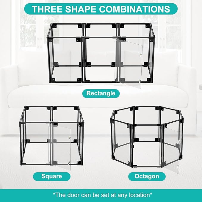 Clear Acrylic Dog Playpen with Door | 35x35x25 Inch Adjustable Pet Playpen | Instant Setup Indoor Dog Pen for Small/Medium Dogs | Hexagon, Octagon Configurations (Black, 8)