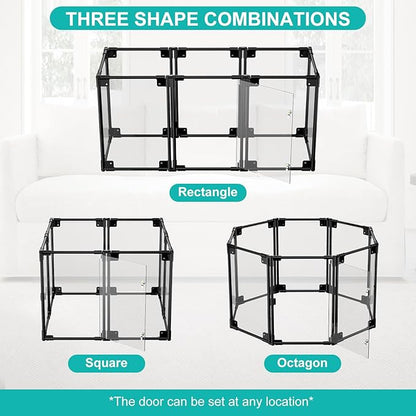 Clear Acrylic Dog Playpen with Door | 35x35x25 Inch Adjustable Pet Playpen | Instant Setup Indoor Dog Pen for Small/Medium Dogs | Hexagon, Octagon Configurations (Black, 8)