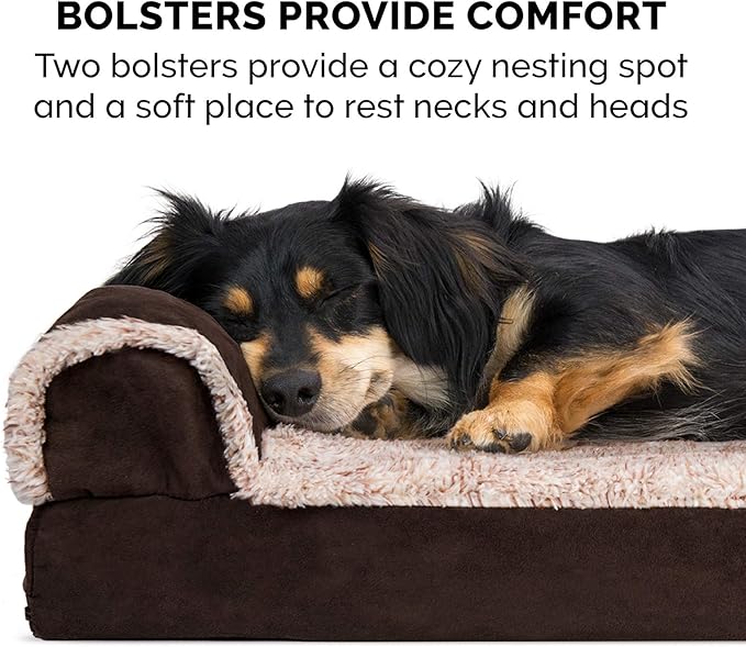 Furhaven Orthopedic Dog Bed for Large/Medium Dogs w/ Removable Bolsters & Washable Cover, For Dogs Up to 55 lbs - Two-Tone Plush Faux Fur & Suede L Shaped Chaise - Espresso, Large