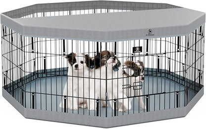 PJYuCien Puppy Playpen，8 Panels 24”H Dog Playpen with Gery Bottom Pad and Grey Top Cover，Metal Foldable Dog Exercise Pen for Indoor，Better for Small Pets