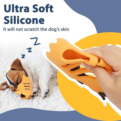 LUCKYPAW Dog Muzzle, Soft Muzzle for Small Medium Dogs Poodle Dachshund, Breathable Silicone Cage Mouth Cover to Prevent Biting and Chewing, Funny Rhino Muzzle with Adjustable Head Strap(Yellow, M)