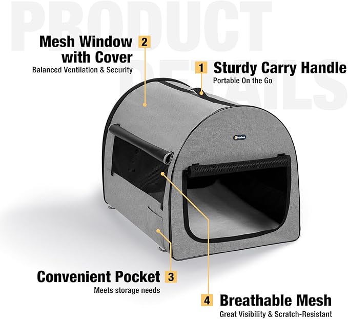 Veehoo Collapsible Dog Crates for Large Dogs - Portable Dog Travel Crate with A Storage Bag, Soft Sided Foldable Dog Kennel for Indoor & Outdoor Use, 32 * 24 * 24 inch, Grey