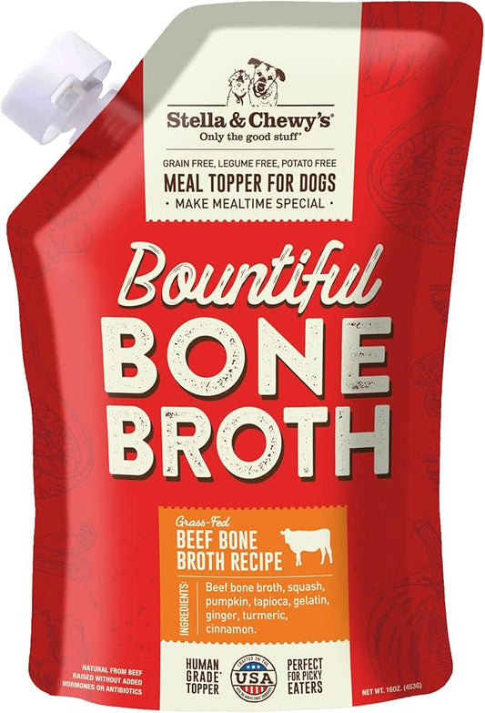 Stella & Chewy's Bountiful Bone Broth Grass-Fed Beef Recipe Meal Topper for Dogs, 16 oz. Resealable Pouch (Pack of 6)