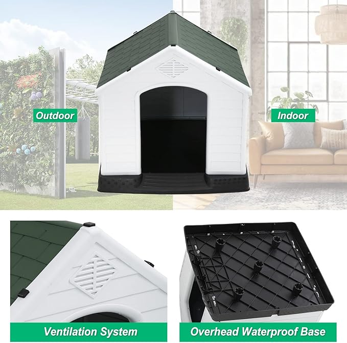 FDW Dog House Indoor Outdoor Durable Ventilate Waterproof Pet Plastic Dog House for Small Medium Large Dogs Insulated Puppy Shelter Kennel Crate with Air Vents and Elevated Floor