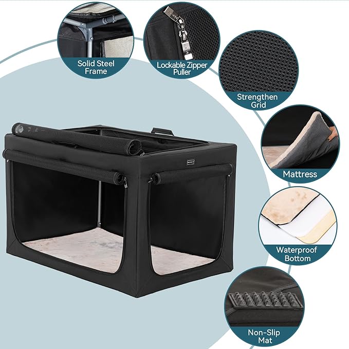 PETSFIT Portable Dog Crate, Soft Sided Dog Crate - 40 Inch Easy Set-up, Light, Sturdy, Comfy Inside with Thicken Mat, Collapsible Crate for Home and Travel Black