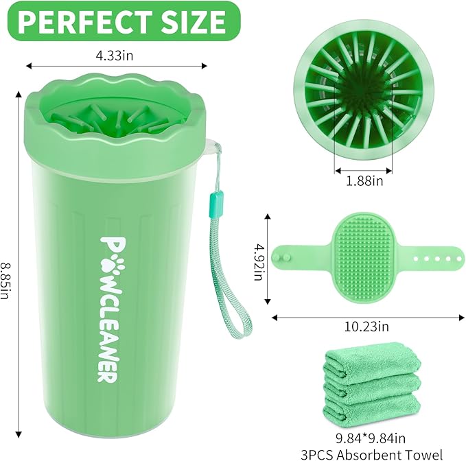 Dog Paw Cleaner for Dogs, (with 3Pcs Absorbent Towels & Adjustable Dog Bath Brush) Dog Paw Washer,Buddy Muddy Pet Foot Cleaner (Light Green, Large)